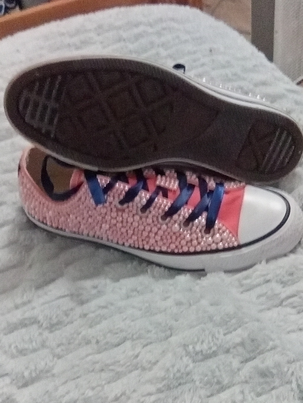 Converse Women Pink Crystal Low Top Sneakers with Navy Ribbon Laces - Picture 2 of 3